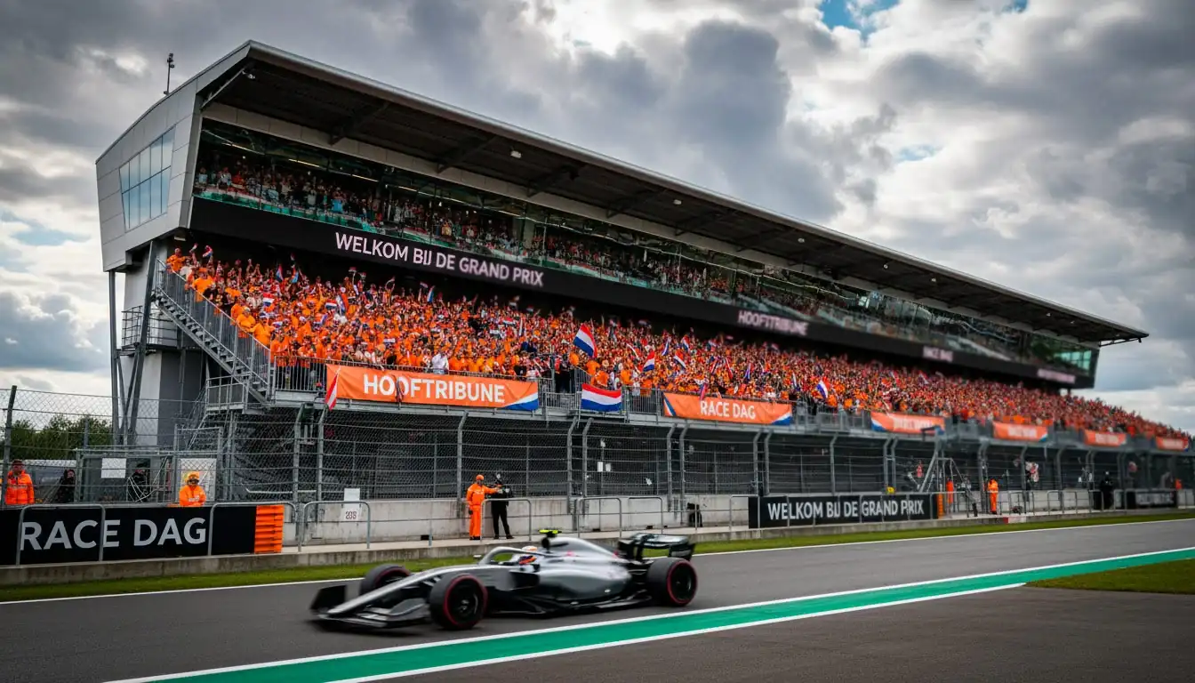 Formule 1 tribune vol Nederlandse fans met oranje kleding tijdens een Grand Prix