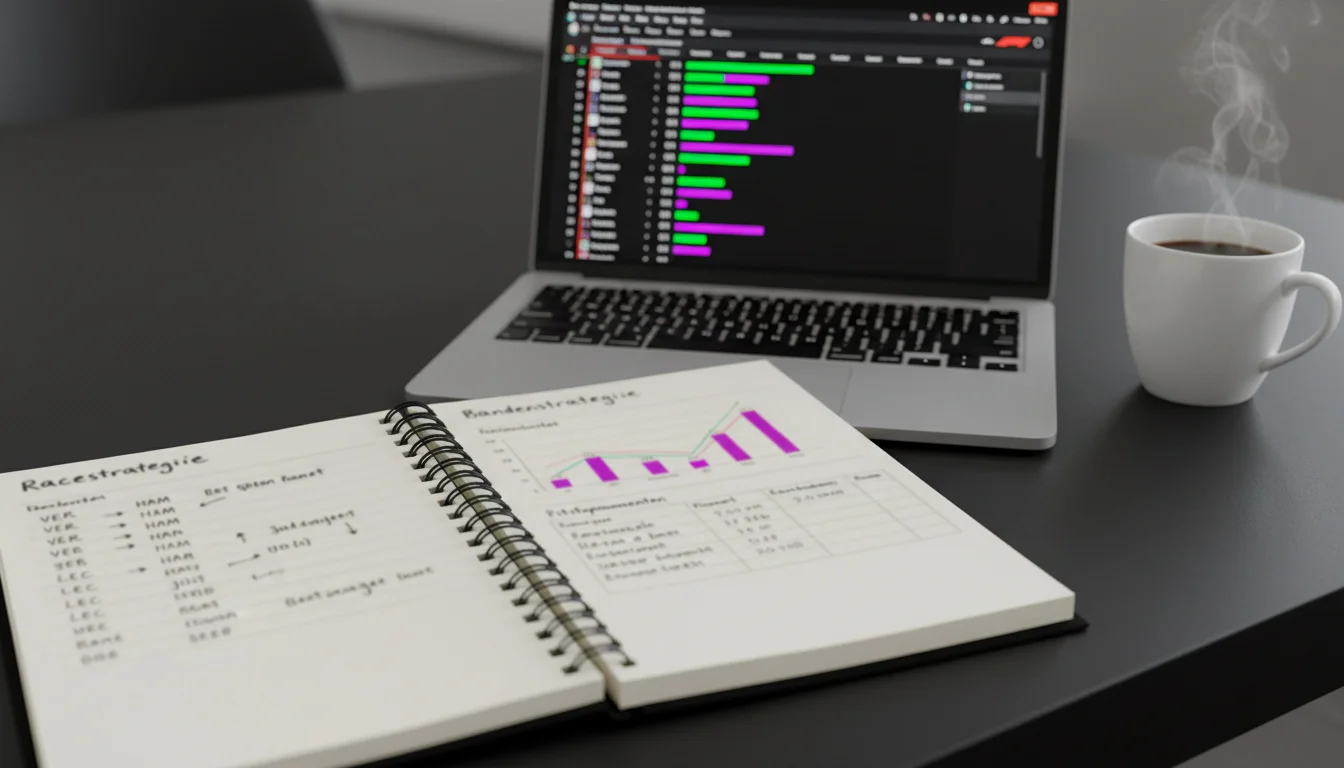 Notitieboek met F1-wedstrategie aantekeningen naast een laptop met racedata