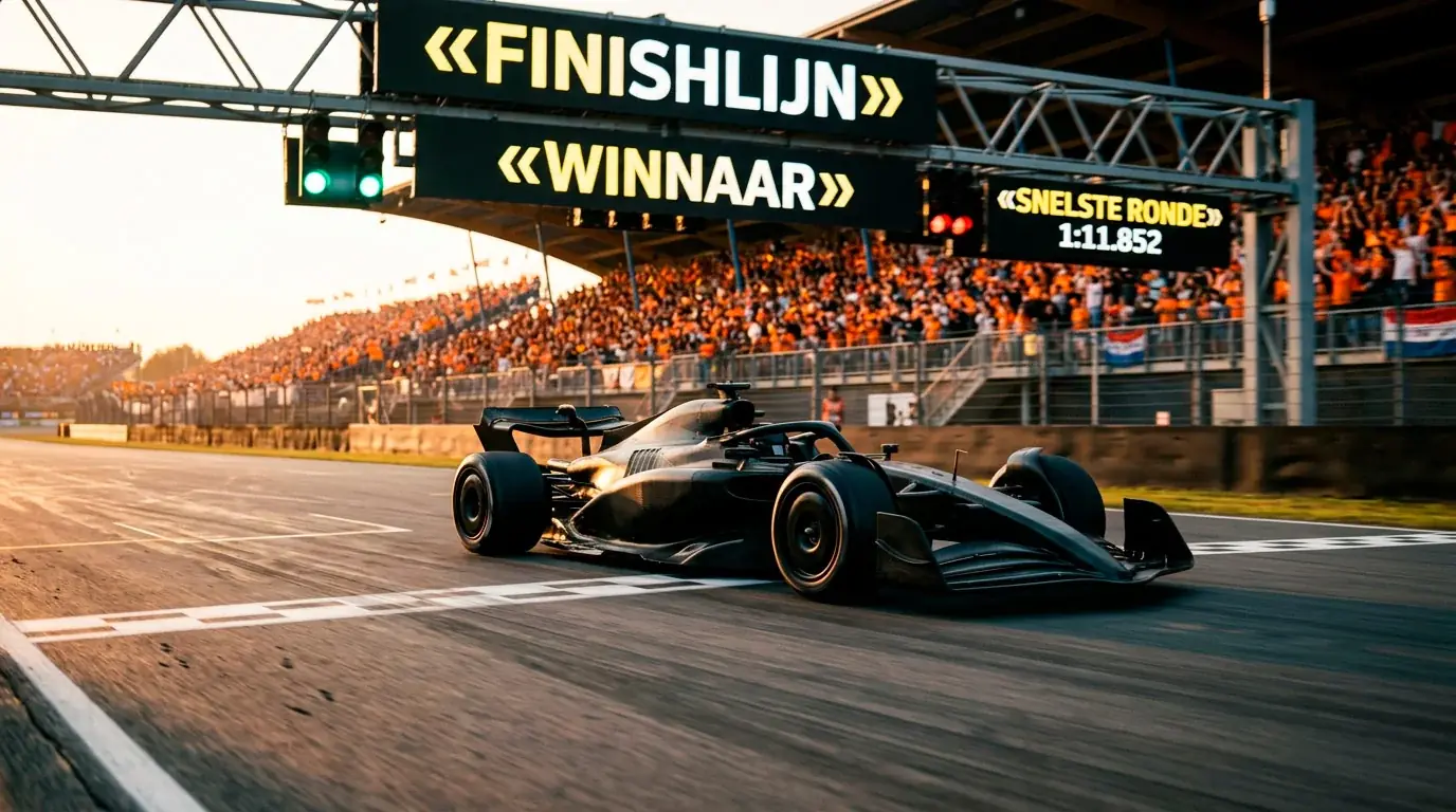 Formule 1-auto passeert de finishlijn met startlichten en racefans op de achtergrond